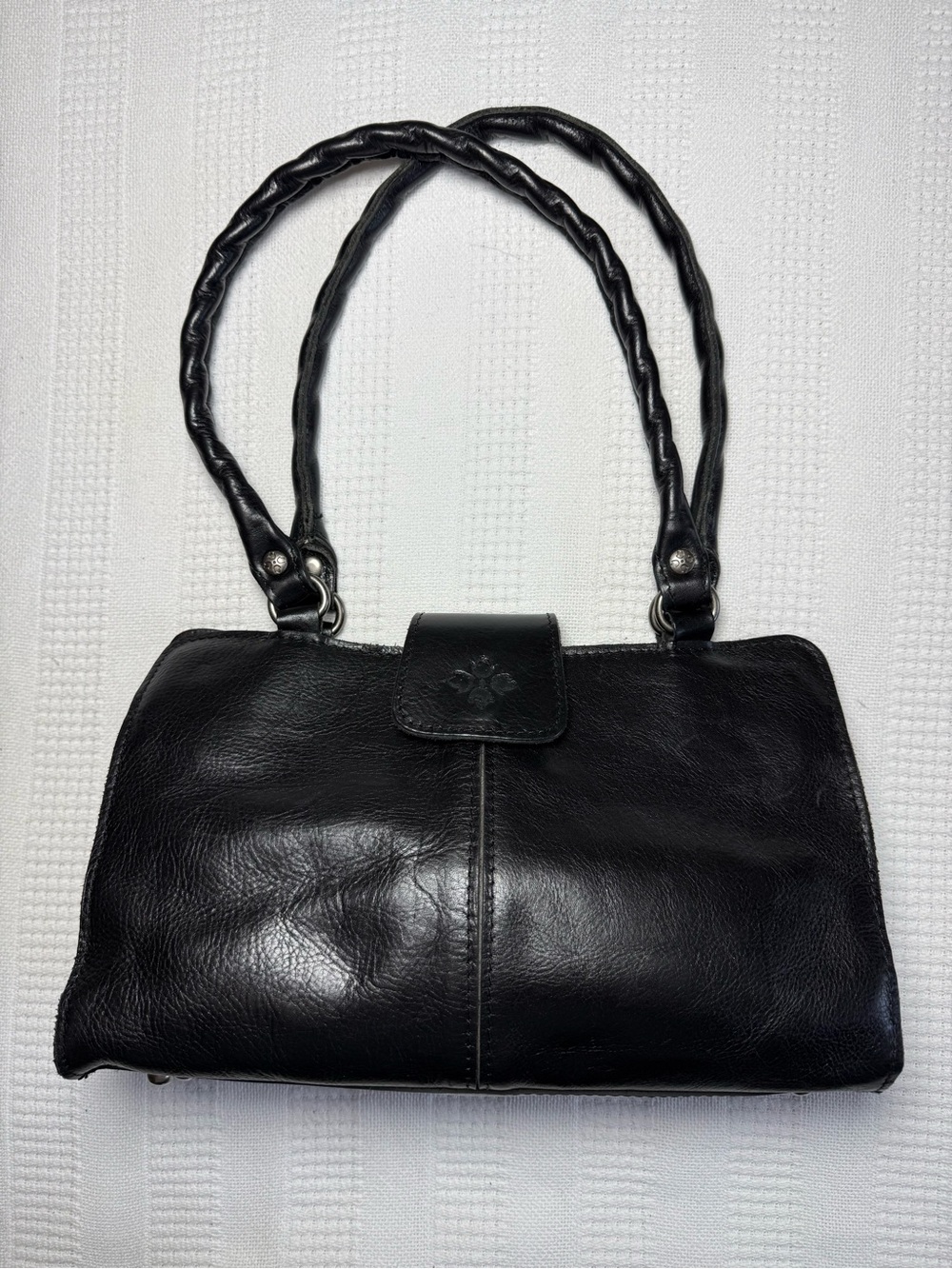 Patricia Nash Rienzo Black Full Grain Leather Shoulder Bag Satchel Braided Strap